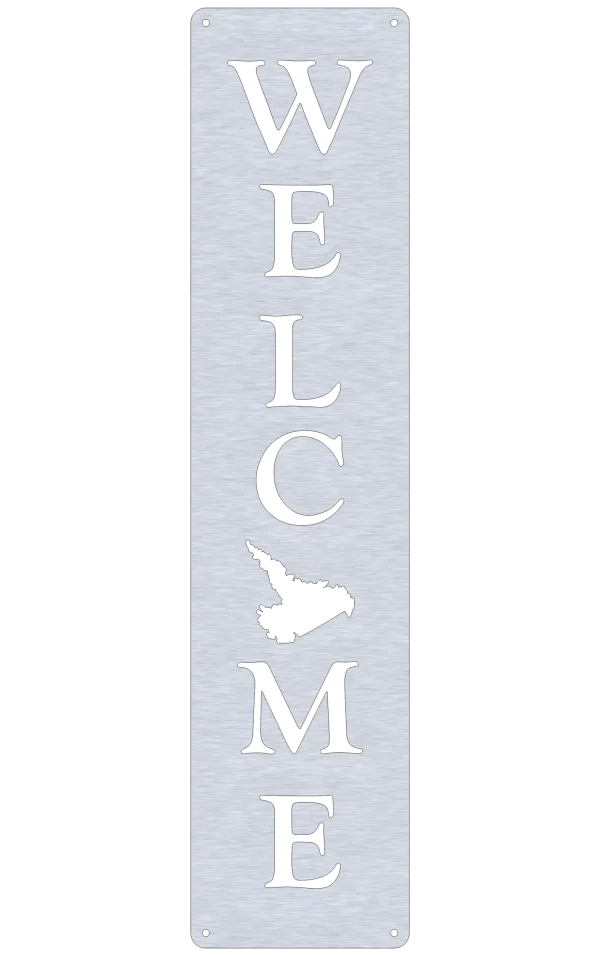 Vertical aluminum wall sign with the word 'WELCOME' cut out. The 'O' is replaced by a detailed cutout of the Labrador map. The sign features smooth edges with a brushed metal finish and four mounting holes, one at each corner.